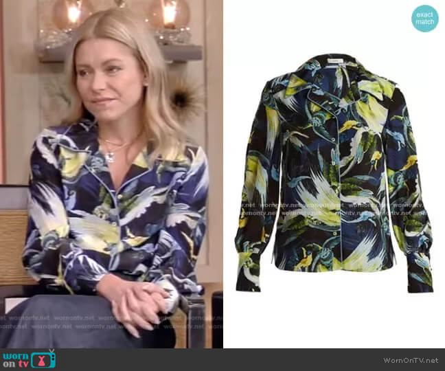 Erdem Fae Night Bird-print Shirt worn by Kelly Ripa on Live with Kelly and Mark