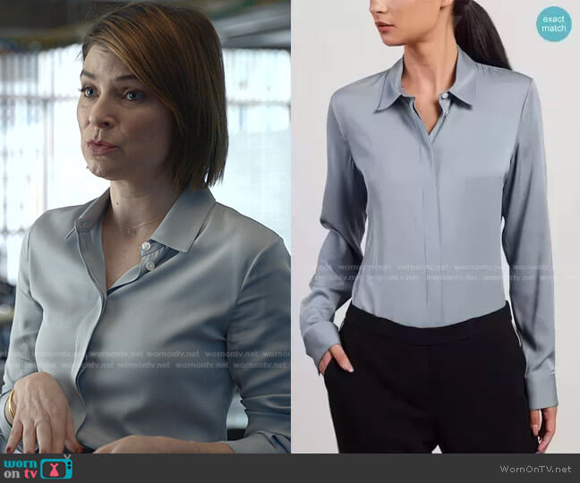 Theory Fitted Shirt in Stretch Silk worn by Taylor Rentzel (MacKenzie Meehan) on Bull