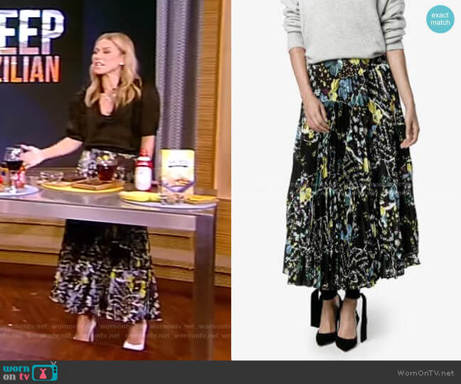 Erdem Floral Print Pleated Skirt worn by Kelly Ripa on Live with Kelly and Mark