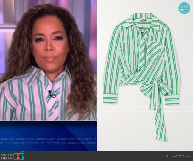 Ganni Tie-detailed striped organic cotton-poplin shirt worn by Sunny Hostin on The View