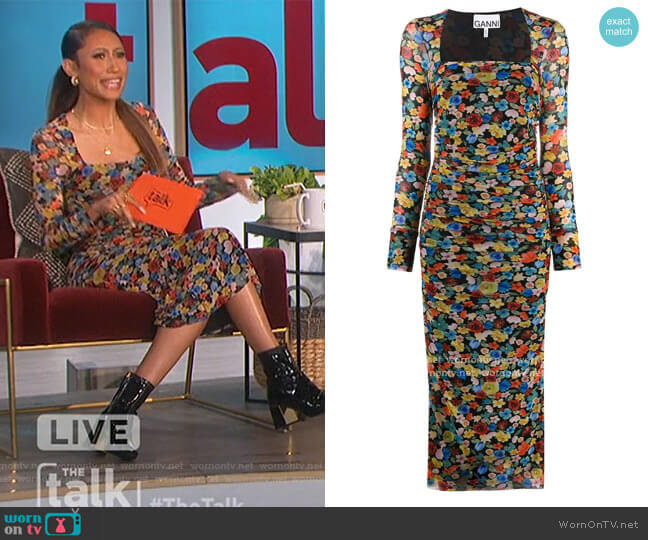Ganni Floral-print ruched midi dress worn by Elaine Welteroth on The Talk