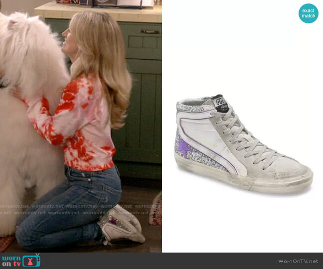 Golden Goose Slide High Top Sneaker in Glitter/Purple worn by Gina Dabrowski (Annaleigh Ashford) on B Positive