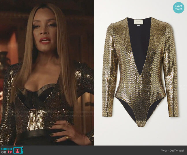 Gucci Sequined Tulle Bodysuit worn by Dominique Deveraux (Michael Michele) on Dynasty