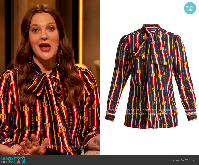Gucci Chain-print silk shirt worn by Drew Barrymore on The Drew Barrymore Show