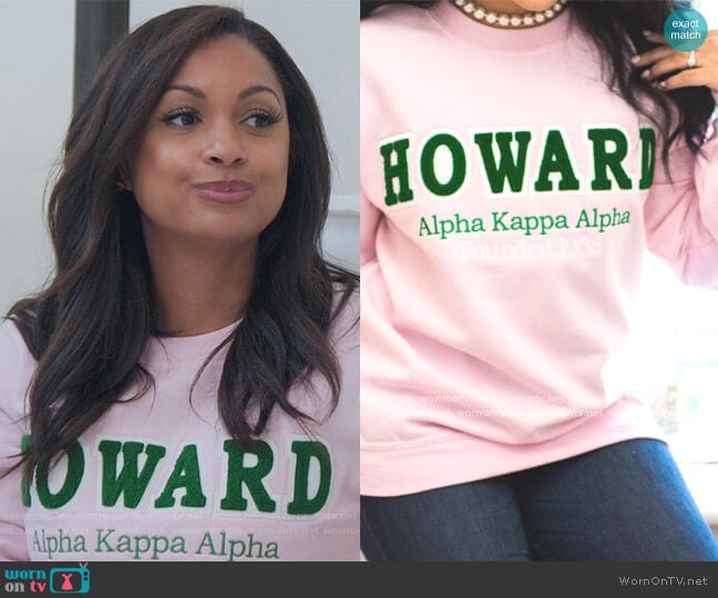 Fashionably Greek Pink Howard Sweatshirt worn by Ebony K. Williams on The Real Housewives of New York City