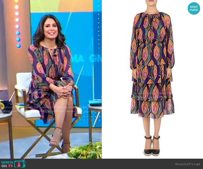 The Kooples Hindu Flower Print Silk Midi Dress worn by Cecilia Vega on Good Morning America