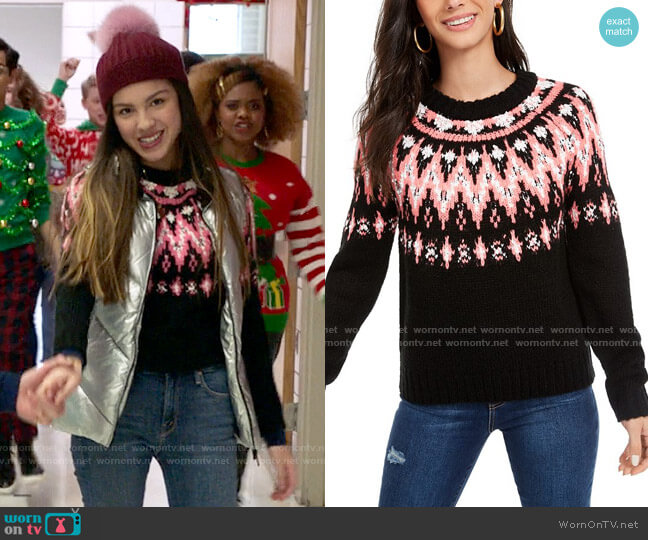 Hooked Up by IOT Fair Isle Crewneck Sweater in Black worn by Nini (Olivia Rodrigo) on High School Musical The Musical The Series