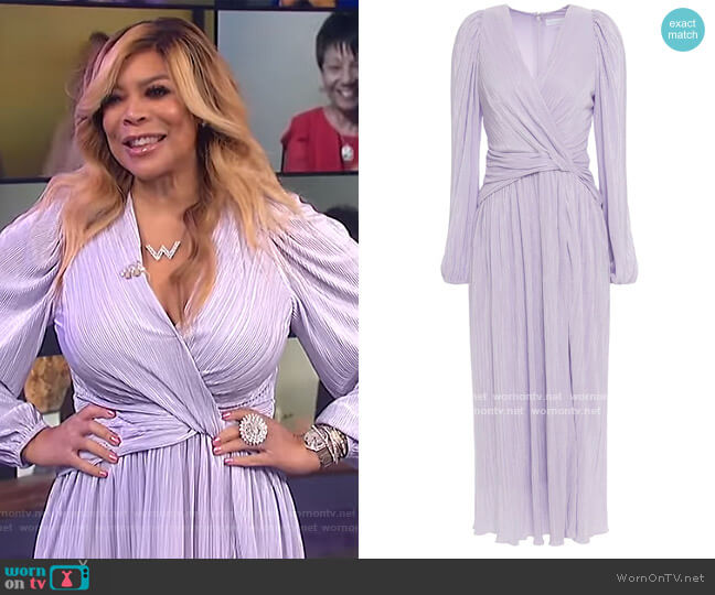 Jonathan Simkhai Wrap-effect gathered metallic crepe de chine midi dress worn by Wendy Williams on The Wendy Williams Show