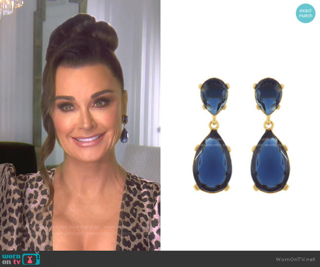 Kenneth Jay Lane Sapphire-Color Crystal Double-Teardrop Earrings worn by Kyle Richards on The Real Housewives of Beverly Hills