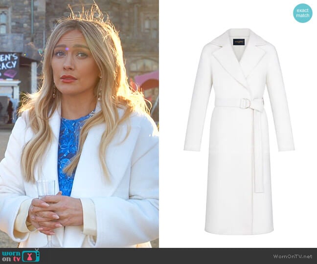 Louis Vuitton Belted White Wrap Coat worn by Kelsey Peters (Hilary Duff) on Younger