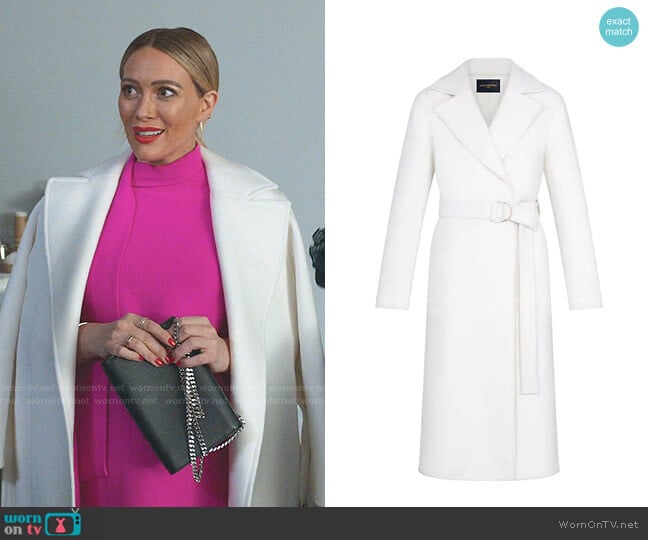 Louis Vuitton Belted White Wrap Coat worn by Kelsey Peters (Hilary Duff) on Younger