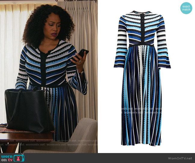 Mary Mare Maya striped midi dress worn by Lola Carmichael (Simone Missick) on All Rise