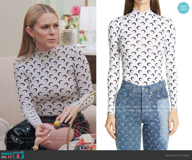 Marine Serre Fitted Moon Print Mock Neck Top worn by Leah McSweeney on The Real Housewives of New York City