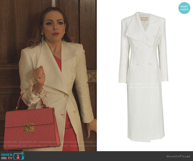 Materiel Asymmetrical Double-Breasted Coat worn by Fallon Carrington (Elizabeth Gillies) on Dynasty
