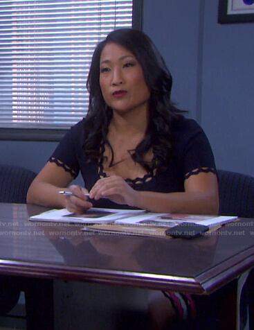 Melinda’s navy scalloped dress on Days of our Lives