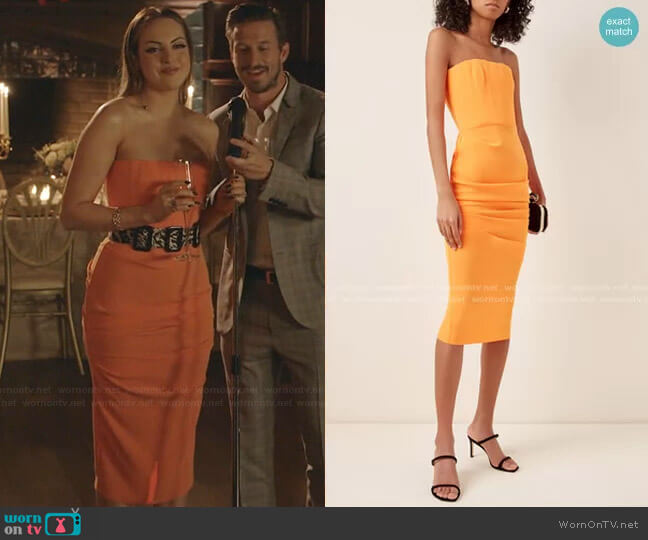Alex Perry Mena Strapless Gathered Crepe Midi Dress In Orange worn by Fallon Carrington (Elizabeth Gillies) on Dynasty