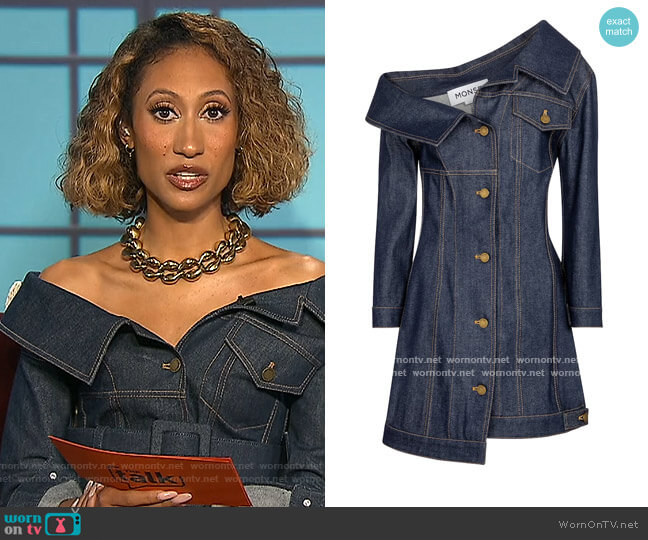 Monse Off-shoulder denim minidress worn by Elaine Welteroth on The Talk