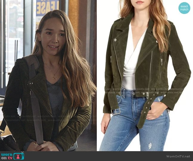 Blank NYC Morning Suede Moto Jacket worn by Angelina Meyer (Holly Taylor ) on Manifest