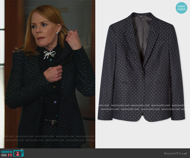 Paul Smith Black Polka Dot One-Button Cotton-Stretch Blazer worn by Lisa Benner (Marg Helgenberger) on All Rise