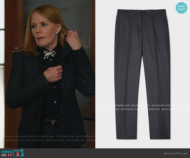 Paul Smith Slim-Fit Black Polka Dot Cotton-Stretch Pants worn by Lisa Benner (Marg Helgenberger) on All Rise