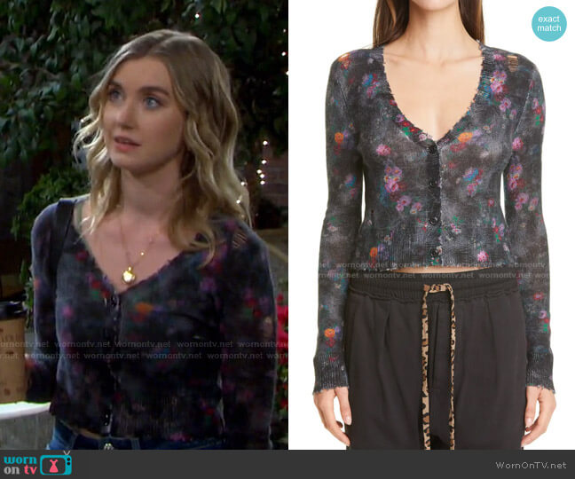 R13 Floral Distressed Crop Cashmere Cardigan worn by Claire Brady (Isabel Durant ) on Days of our Lives