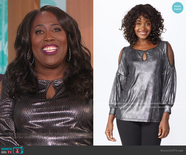 Roz and Ali Cold Shoulder Metallic Knit Top worn by Sheryl Underwood on The Talk