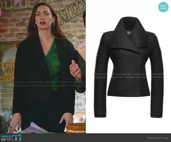 Sentaler Ribbed Sleeve Moto Jacket worn by Abigail Pershing (Sarah Power) on Good Witch
