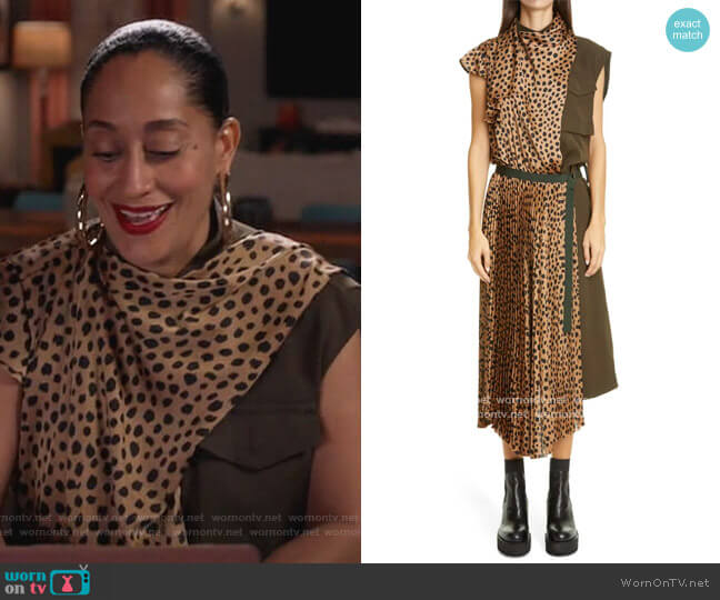 Sacai Cheetah Print Mixed Media Pleated Dress worn by Rainbow Johnson (Tracee Ellis Ross) on Black-ish