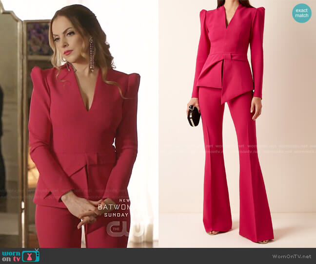 Safiyaa Halluana Stretch-Crepe Flared-Leg Trousers worn by Fallon Carrington (Elizabeth Gillies) on Dynasty