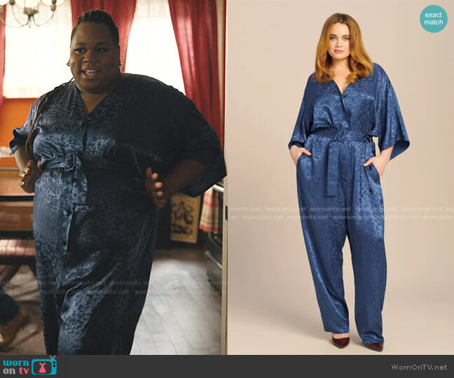 Lapointe Floral Satin Kimono Belted Jumpsuit worn by Mo (Alex Newell) on Zoeys Extraordinary Playlist