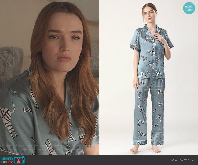 Slipintosoft Silk Pajama Set Short Sleeve Zebra Silk Pjs worn by Kirby Anders (Maddison Brown) on Dynasty
