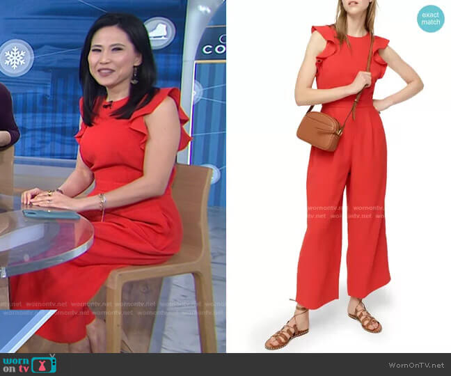 J. Crew Sleeveless Ruffle Crepe Jumpsuit worn by Vicky Nguyen on Today