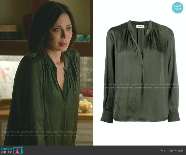 Zadig & Voltaire Slit-Neck Satin Blouse worn by Cassandra Nightingale (Catherine Bell) on Good Witch