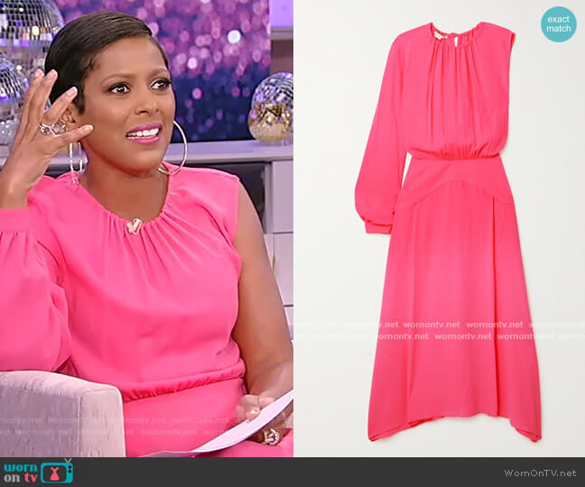 Stella McCartney Cassandra one-sleeve gathered jersey midi dress worn by Tamron Hall on Tamron Hall Show