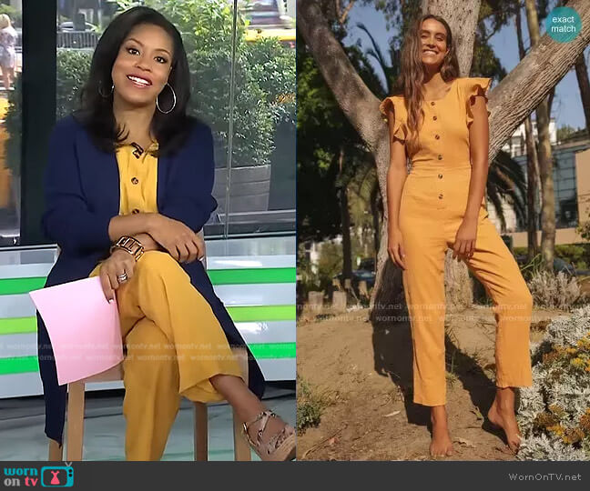 Lulus Sunny Day Dreamer Ruffled Button-Front Jumpsuit worn by Sheinelle Jones on Today