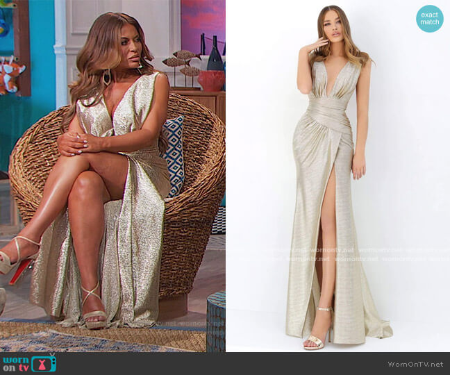 Tarik Ediz Plunging V-neck Ruched Dress worn by Dolores Catania on The Real Housewives of New Jersey