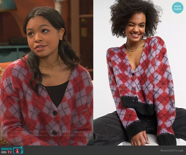 The Ragged Priest Oversized Cardigan in Argyle Knit worn by Nia Baxter (Navia Robinson) on Ravens Home