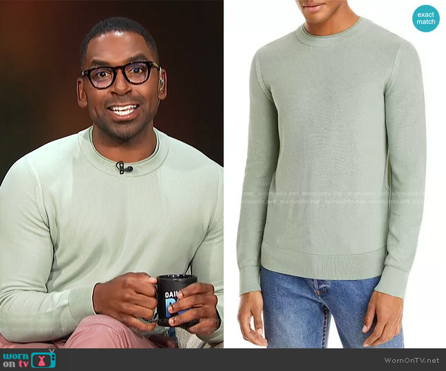 Theory Riland Pique Crew Sweater worn by Justin Sylvester on E! News