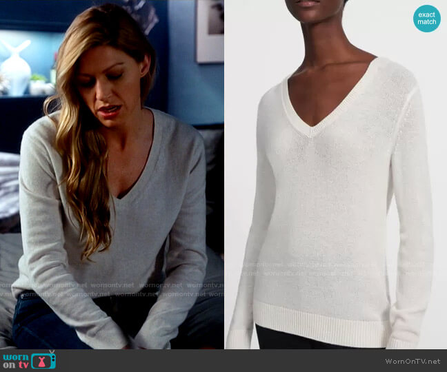 Theory V-Neck Sweater in Feather Cashmere in Ivory worn by Ava Sharpe (Jes Macallan) on Legends of Tomorrow