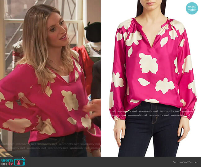 Theory Floral V-Neck Puff-Sleeve Silk Blouse worn by Chelsea Grayson (Anneliese van der Pol) on Ravens Home