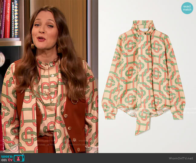 Casablanca Tie-detailed printed silk-twill blouse worn by Drew Barrymore on The Drew Barrymore Show