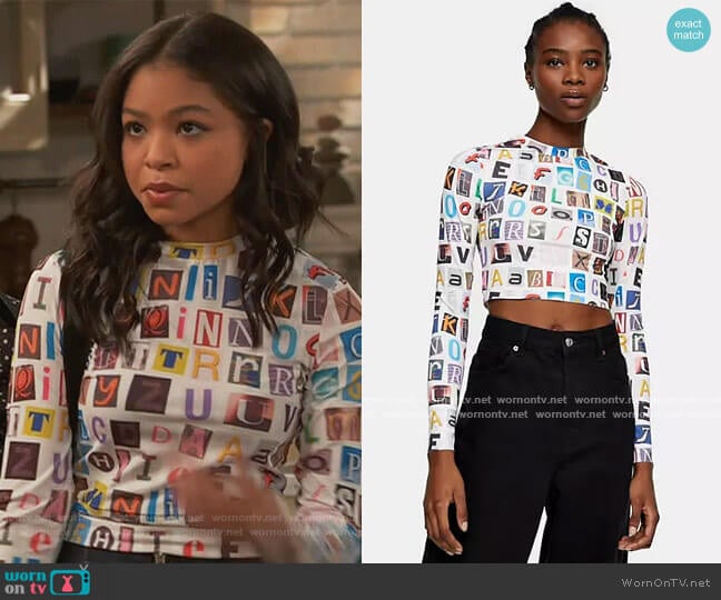 Topshop Alphabet Print Long Sleeve Top worn by Nia Baxter (Navia Robinson) on Ravens Home