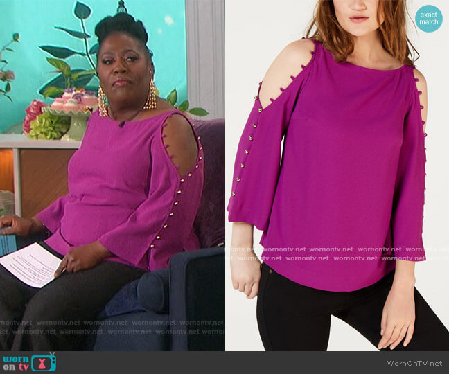 Trina Turk Button-Trim Cold-Shoulder Top worn by Sheryl Underwood on The Talk