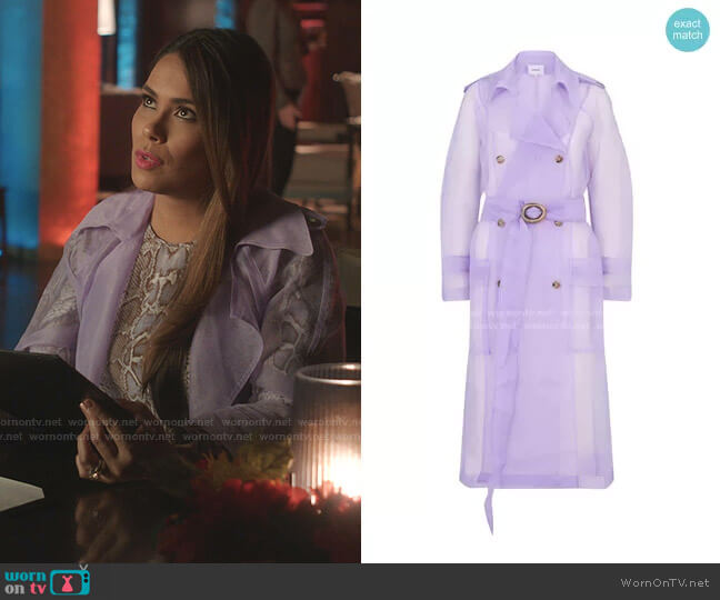 Nanushka Tuscan belted organza trench coat worn by Cristal Jennings (Daniella Alonso) on Dynasty