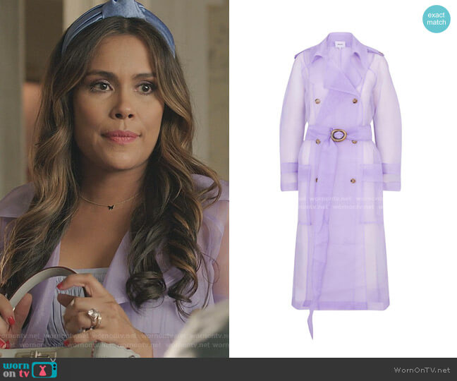 Nanushka Tuscan belted organza trench coat worn by Cristal Jennings (Daniella Alonso) on Dynasty