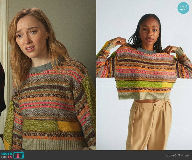 Urban Outfitters Penny Patchwork Cropped Sweater worn by Clare O'Brien (Phoebe Dynevor) on Younger