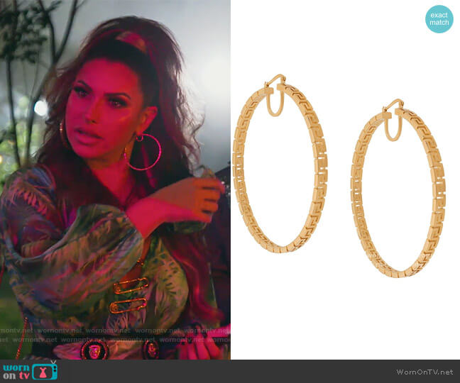 Versace Greca Key hoop earrings worn by Jennifer Aydin on The Real Housewives of New Jersey