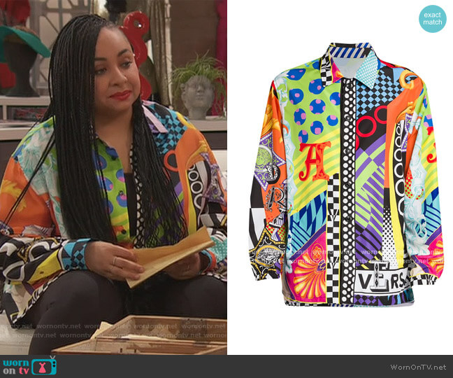 Versace Multicolor Mixed Print Silk Shirt worn by Raven Baxter (Raven-Symoné) on Ravens Home