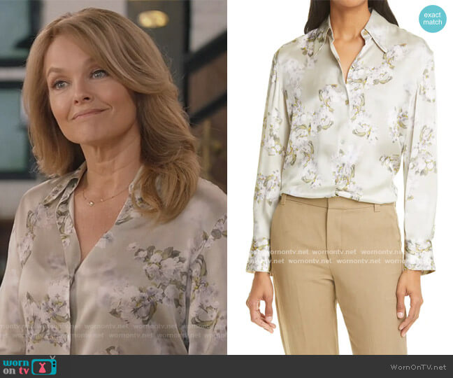 Vince Hazy Blossom Long Sleeve Button-Up Silk Blouse