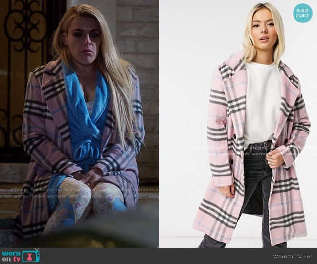 Wednesday's Girl Longline tailored coat in pastel check worn by Summer Dutkowsky (Busy Philipps) on Girls5eva